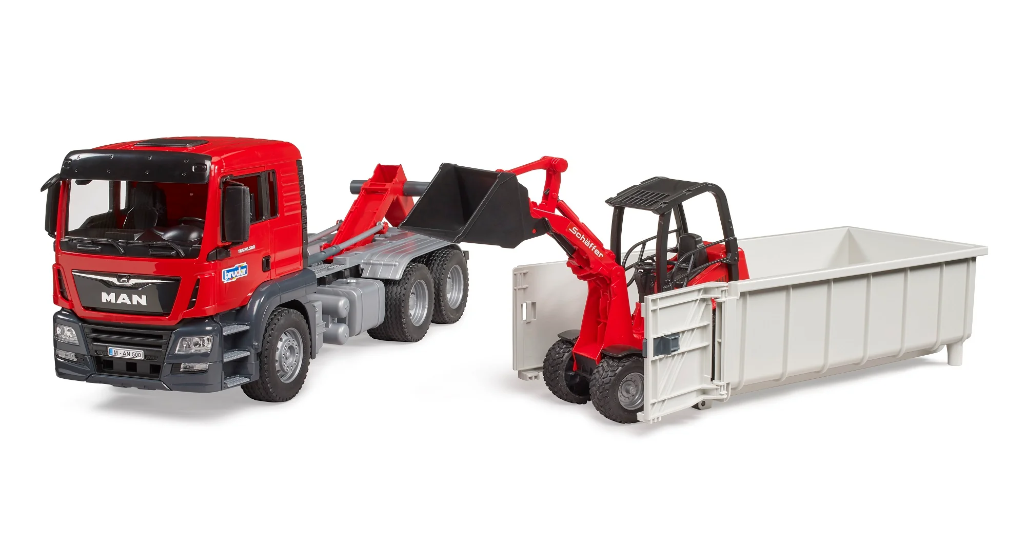 Bruder 03767 Man TGS Truck with Roll-Off Container and Schaffer Compact Loader 24.12.8 - Image 3